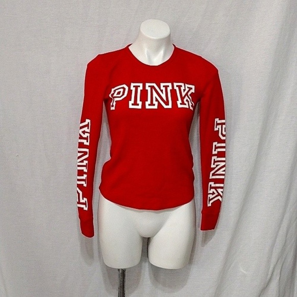 PINK Victoria’s Secret Red Long Sleeve Loungewear Top Small Ribbed Graphic Tee